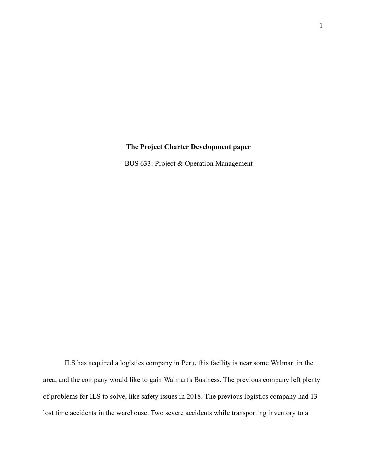 Preview of Bus 633 Week 1 Assigment The Project Charter Development paper.docx